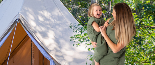 mum and baby camping with tent