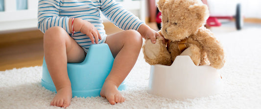 toddler on blue potty holding teddy